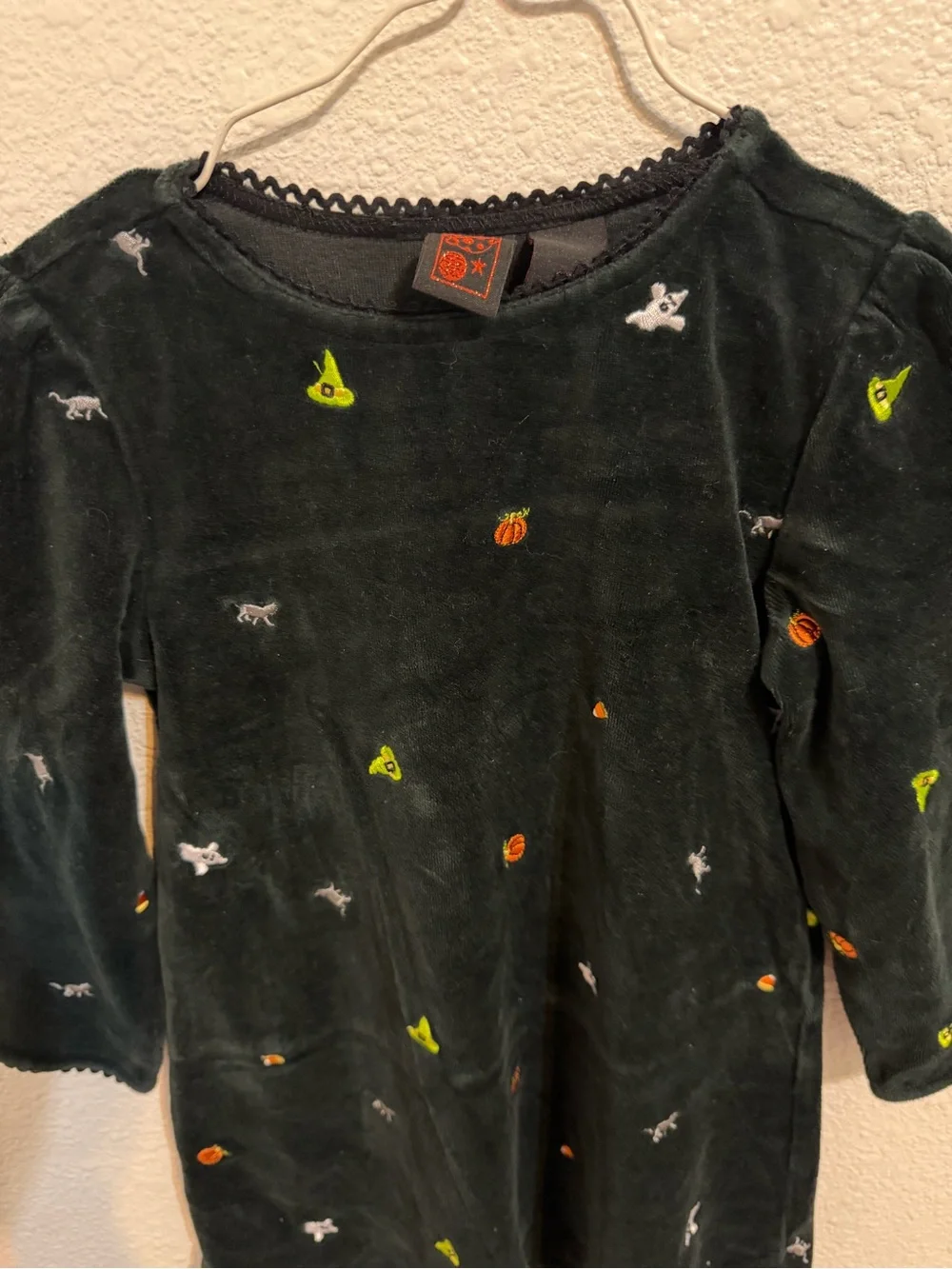 Girls' Dark black Velvet Halloween Dress Embroidered Pumpkins & Ghosts whimsical